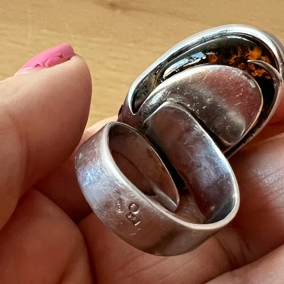 VINTAGE HUGE BALTIC AMBER STATEMENT RING SCANDINAVIAN OR POLISH MADE STERLING
